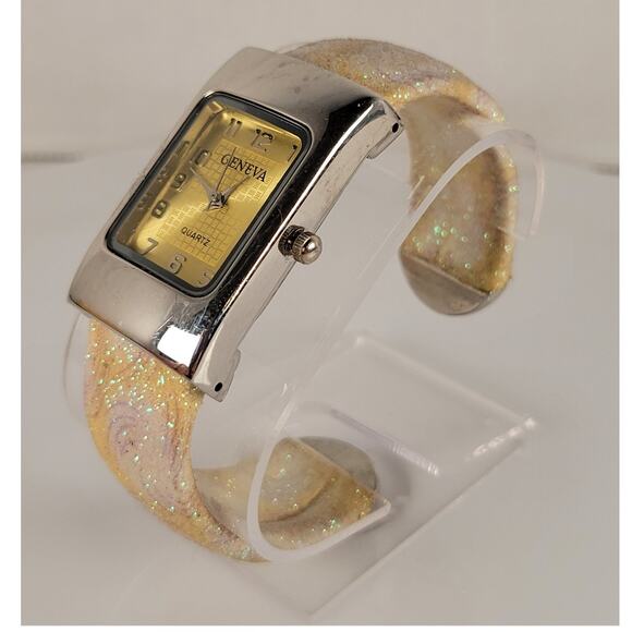 Geneva Silver Yellow Quartz Watch with Glittery Sparkle Cuff Bracelet Design - Picture 11 of 14